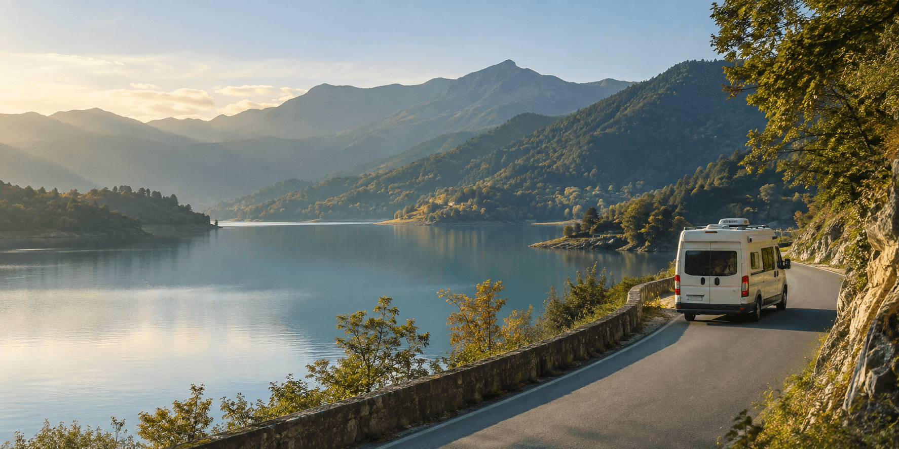 房车沿山湖公路行驶
